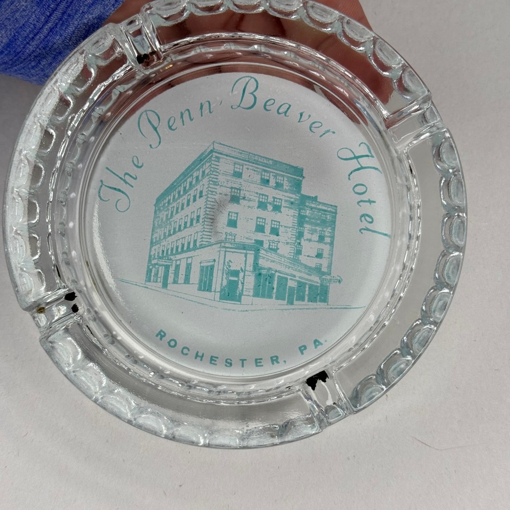 Vintage The Penn Beaver Hotel Rochester PA Glass Ashtray Mid Century Tobacciana